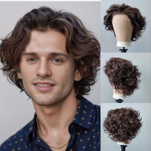 Hesperis Men's Wigs Brazilian Remy Wavy Brown Full Lace Human Hair Wigs Short Cut Boy Wig #4 Color Pixie