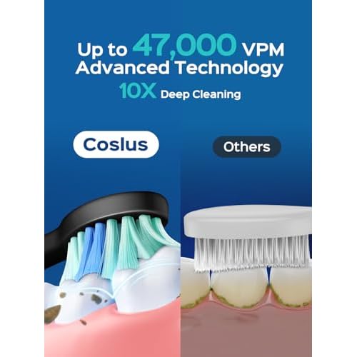 COSLUS Sonic Electric Toothbrush for Adults: 47000 VPM for Deep Cleaning & Whitening with Travel Case - 5 Modes for Sensitive Teeth & Braces, Wireless Charging, 6 Brush Heads for Home Family, Black
