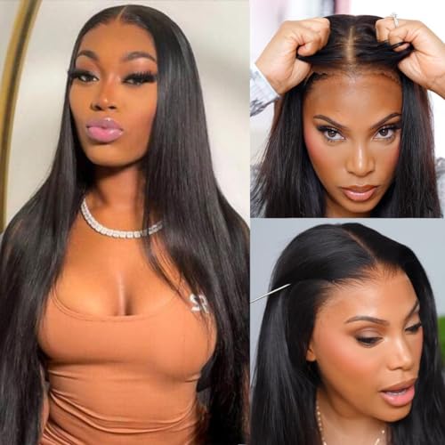 9x6 Wear and Go Glueless Wigs Human Hair Pre Plucked Pre Cut Straight Lace Front Wigs Human Hair Bleached Knots 200% Density Brazilian Virgin Human Hair Glueless Wig 22 inch