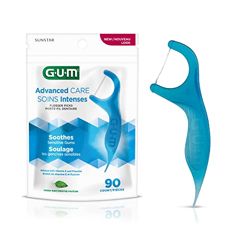 GUM Advanced Care Floss Picks - Dental Flossers for Adults with Vitamin E and Fluoride - Extra Strong Shred-Resistant Dental Floss, Easy Grip Handle, Fresh Mint Flavor, 90 ct (Pack of 2)