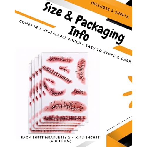 Tinuos Horror Realistic Fake Bloody Wound Stitch Scar Scab Waterproof Temporary Tattoo Sticker Halloween Masquerade Prank Makeup Props-5PC 5PCs