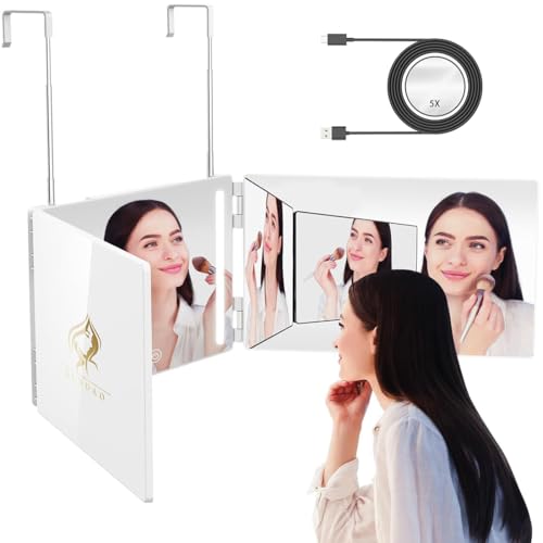 LED 3 Way Mirror to See Back of Head 360 Mirror for Women for Braiding Hair Telescoping Hooks Anti-Fog HD Glass Three Way for Self Hair Cutting Makeup Trifold
