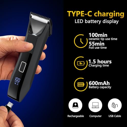 Manscaper Trimmer for Men, 2-in-1 Ball & Body Hair Groomer - Pubic & Groin Hair Shaver with Dual-Head, No-Nick Shaving, Smooth Grooming - Lightweight, Travel Lock, IPX7 Waterproof & LED Display