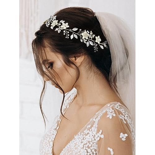 SWEETV Handmade Bridal Headband Silver Wedding Hair Accessories for Brides Hair Pieces Floral Wedding Headpieces for Flower Girl Bridesmaid