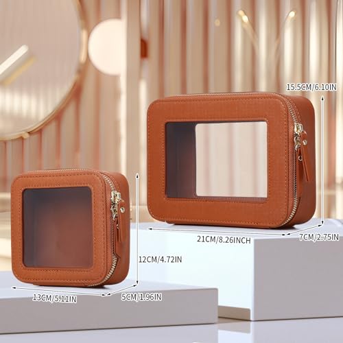 Clear Makeup Bag Set Travel Cosmetic Bag and Toiletry Bag Women's Purse Pouch Cosmetic Stroage Organizer Case with Zipper Car Essentials (Brown, M+Mini)