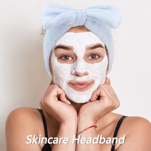 VELSCRUN Spa Headbands for Wash Face, Makeup Headband, Facial Skincare Headbands, 5 Pcs Blue Puffy Sponge Spa Headband Bow Tie Hair Band Hair Clips Wristband Set Women Girls Accessories