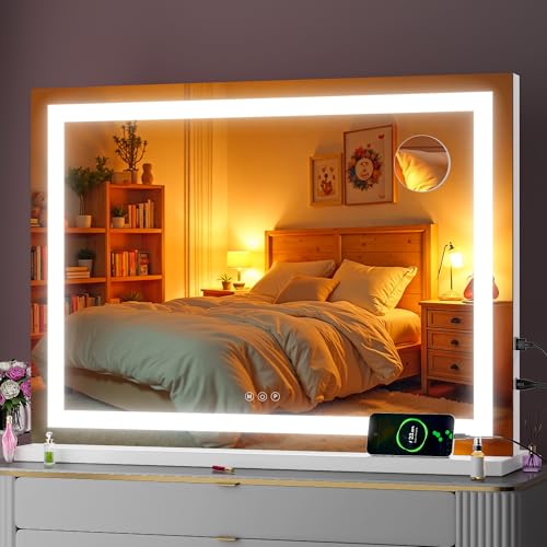Vanity Mirror with Lights, 32" x 22" LED Makeup Mirror with 10X Magnification, Dimmable 3 Modes, Memory Function, Smart Touch, USB Charging Port, Lighted Makeup Mirror Square White