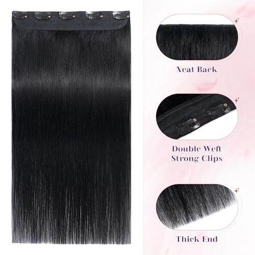 S-noilite One Piece Hair Extensions Clip in Human Hair 5 Clips 3/4 Full Head Clip on Remy Hair Extension for Women,One-Piece Design Adding Hair Volume 20 Inch 50g #Jet Black