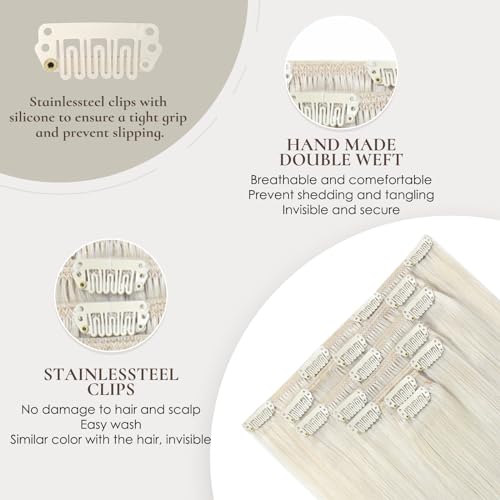 Human Hair Extensions 22 inch 120G 7 PCS Platinum Blonde Straight Remy Long Clip In Real Brazilian 100% Human Hair Natural Thick Clip on Hair Extensions