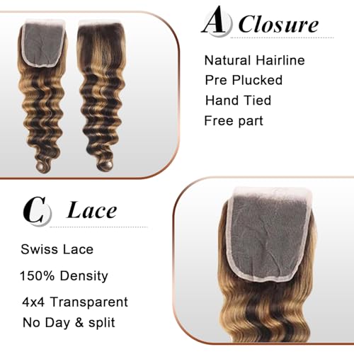 Loose Deep Wave Human Hair Bundles With Closure 20 22 24+20inch Ombr? Highlight Bundles Human Hair with 4x4 Lace Closure Highlight Brown Blonde Colored