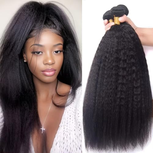 Kinky Straight Bundles Human Hair 4c Bundle Yaki Straight Bundles 24 26 28 inch 100% Unprocessed Brazilian Virgin Hair Bundle Deals Human Hair 12A Natural Black For Black Women