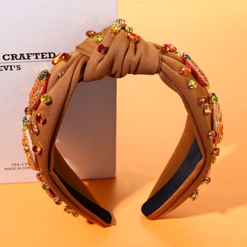 Thanksgiving Headband for Women Fall Accessories Beaded Pumpkin Headbands Jeweled Rhinestone Crystal Knotted Headband Thanksgiving Fall Hair Accessory Gifts (Pumpkin 1 - Brown)