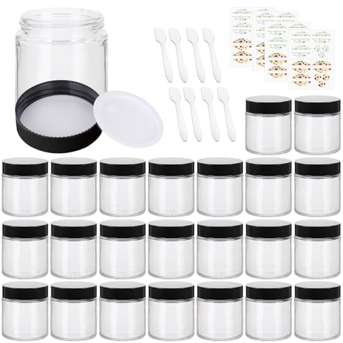 EkkoVla 24 Pack 4 oz Clear Glass Jars with Lids, Round Empty Cosmetic Containers with Inner Liners for Lotion, Cream, Ointments, Powder, Candle