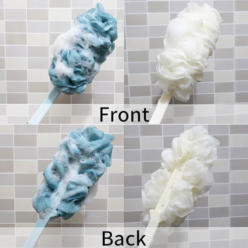 2Pack Back Scrubber for Shower, Loofah with Handle, Back Loofah Non-Slip Handle, Bath Body Brush, Scrub Cleaning Brush for Shower, Soft Mesh Sponge On a Stick for Men Women Elderly (Blue and White)