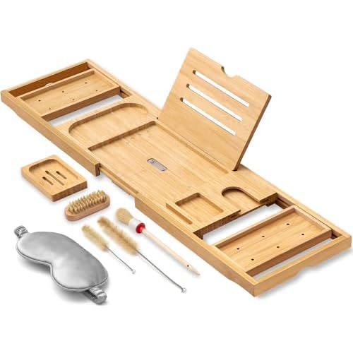 AUTODECO Bathtub Tray, Bamboo Bath Tray for Tub, Expandable Bath Tray with Bamboo Book Stand, Soap Tray, Bathtub & Bathroom Accessories Perfect for Home Spa, Natural Colour