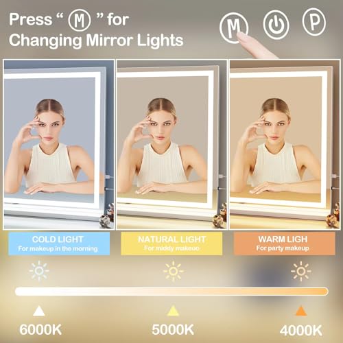 Makeup Vanity Mirror with USB Charging Port 32" x 24" Large LED Makeup Mirror, Desk Mirorr with Lights, Light up Mirror with 10X Magnification and, Dimmable 3 Modes, Touch Screen Control