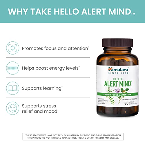 Himalaya Hello Alert Mind with L-Theanine, Ashwagandha, Bacopa, Vitamin B6 & B12, for Energy, Focus & Attention, Vegan, Gluten Free, 60 Capsules
