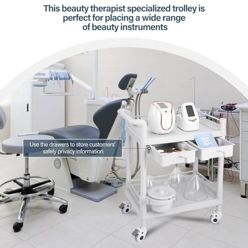 2 Tier Esthetician Cart, Rolling Utility Cart with Bucket & 2 Big Drawers, Heavy Duty Salon Trolley with 360 Rotate Silent Wheels, Load 330lbs Mobile Medical for Salon Hospital Office Lab