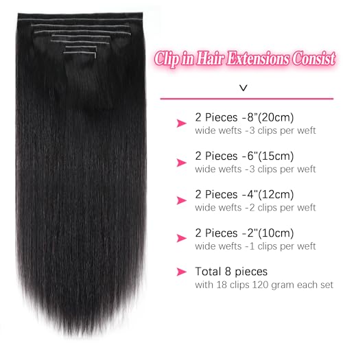 Injected Clip in Extension Human Hair Invisible Clip Ins for Women Brazilian Injected Clip ins Human Hair Natural Color 8 Pcs with 18 Clips 120g/Set (22 inch)