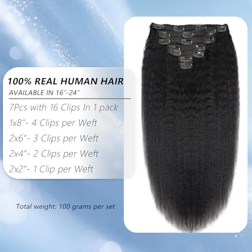 22 Inch 12A Clip In Hair Extensions Real Human Hair 100g 7pcs Yaki Straight Clip ins Human Hair Extensions for women 100% Unprocessed Brazilian Virgin Hair clip ins Natural Black Hair