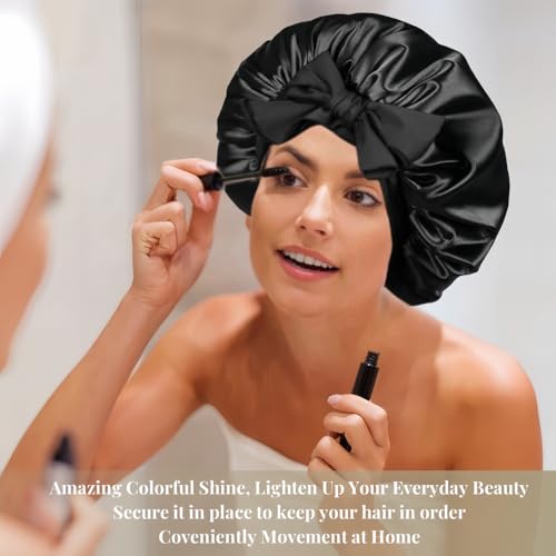Silk Bonnet for Sleeping Women, Ajustable Hair Bonnet for Curly Hair with Tie Band Shower Caps Black£¬Large