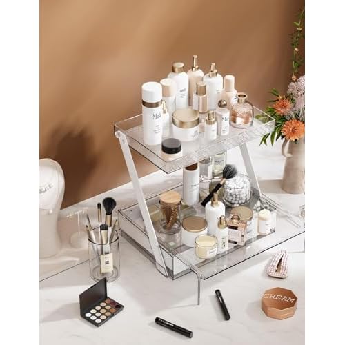 Z-Shaped Bathroom Countertop Organizer ? 2-Tier Vanity Organizer with Sliding Tray & Drawer for Skincare, Makeup & Perfume ? Acrylic Storage for Dresser, Office or Desk