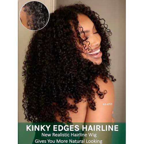 KLAIYI Kinky Edges Curly Bye Bye Knots Glueless Wig 7x5 Pre Cut Lace Front Wigs Human Hair Pre Bleached Pre Plucked 30 Easy to Wear and Go 4C Deep Wave Ready to Wear Wig with Curly Baby Hair 20Inch