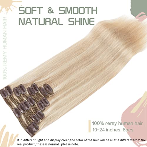 S-noilite Clip in Human Hair Extensions Balayage 100% Real Human Hair Thick True Double Weft Full Head 8 Pieces 18 clips Straight silky (18 inch - 140g,Ash Blonde/Bleach Blonde (#18/613))