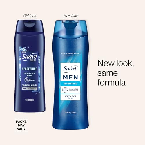 Suave Men Moisturizing Body & Face Wash, With Cedarwood and Mandarin Scent, No Parabens, No Phtahaltes, 18 Oz Pack of 6
