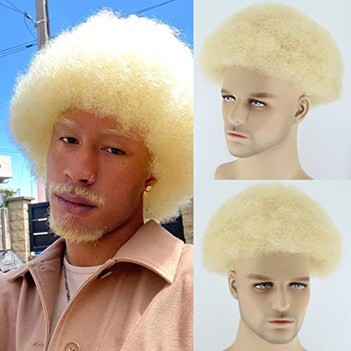 ZigZag Hair Blonde #613 Mix Brown Mens Toupee Fluffy Afro Curly Short Hair Full Lace Men's Wig 8x10inch Brazilian Human Hair Tight Afro Curly Men's Hair Systems Hairpiece (#613 Color, Full Lace)