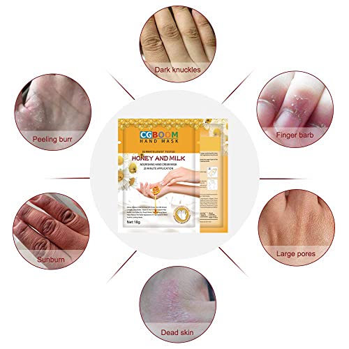 CGBOOM 5 Pairs Hand Masks Moisturizing Gloves, Hand Skin Repair Renew Mask Infused Collagen, Vitamins + Natural Plant Extracts for Dry, Aging, Cracked Hands (Honey and Milk)
