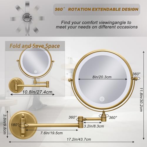 Wall Mounted Lighted 8 Inches Rechargeable Double-Sided 1X/10X Magnifying Mirror for Makeup, 3 Colors Led, Touch Dimmable, Memory Function, 360 Rotation, Foldable, Brushed Antique Brass