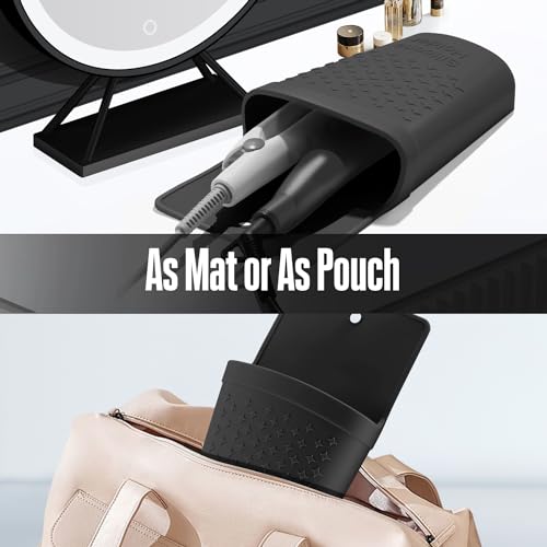 Heat Resistant Silicone Hair Iron Mat and Pouch,Portable Travel Hair Straightener Mat and Holder for Hair Styling Tools.1 Pack.(Black)