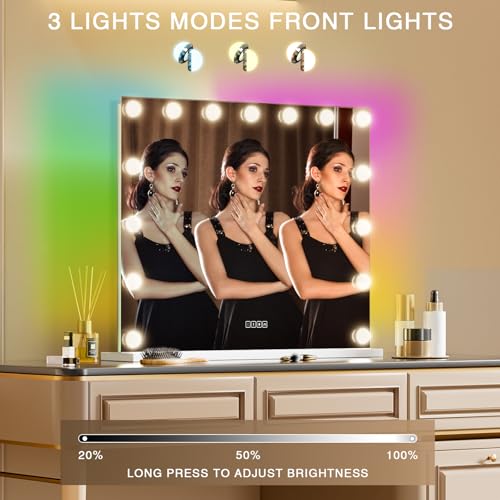 COOLJEEN Vanity Mirror with Lights and Bluetooth, 23x18 Inch 15 Bulbs Front and RGB Backlit Makeup Mirror with Dimmable 3 Color, Tempered Glass, Detachable 10X Magnification, Tabletop & Wall-Mounted