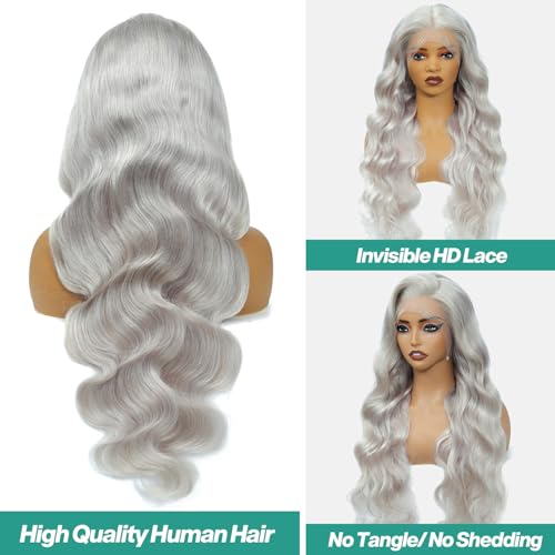13x6 Grey Lace Front Wigs Human Hair Body Wave Gray Wigs Human Hair Pre Plucked with Baby Hair 200 Density Glueless Brazilian Virgin Grey Lace Frontal Wigs for Women 26 Inch