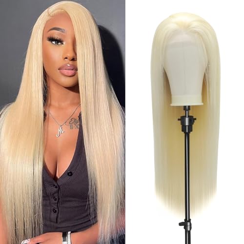 Straight Lace Front Wigs, 13x4 HD Transparent Straight Lace Frontal Wigs Human Hair with Baby Hair 180% Density Bleached Knots Virgin Glueless Human Hair Wigs (Blonde, 28 inch)