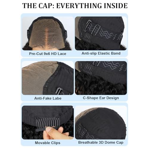 M-Cap Kinky Curly Wear and Go 9x6 Glueless Wigs Human Hair Pre Plucked Pre Cut Pre Bleached Tiny Knots HD Lace Front Wig Human Hair 180% Density Kinky Curly Glueless Wig 20 Inch
