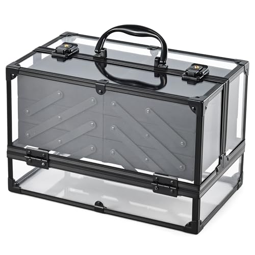 FRENESSA Portable Makeup Case Cosmetics Display Cases Toiletry Organizer Box Transparent Acrylic Artists Train Case with 6 Trays Travel Makeup Tools Storage for Vanity Counter Dresser Organizer Black