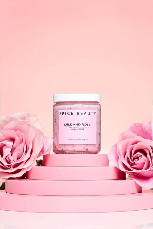 Spice Beauty Milk and Rose Body Scrub - In-Shower Moisturizer with Hydrating Coconut Oil, Calming Roses, Shea Butter - Gentle Body Exfoliation Skincare - 9 Oz