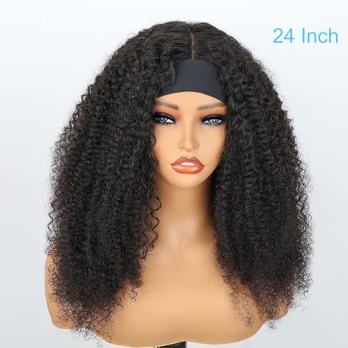 BLY Afro Curly Headband Wig Human Hair Half Wig for Women Glueless Kinky Curly 3 In 1 Wig 10A Grade 180% Density Natural Black Middle Part Headband Wigs 24 Inch