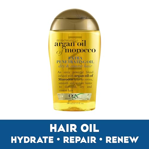 OGX Renewing + Argan Oil of Morocco Hair Oil, Extra Strength Penetrating Serum Treatment for Dry, Damaged, Frizzy, Curly & Coarse Hair, Cold-Pressed Argan Oil, Shine, 3.3 Fl Oz
