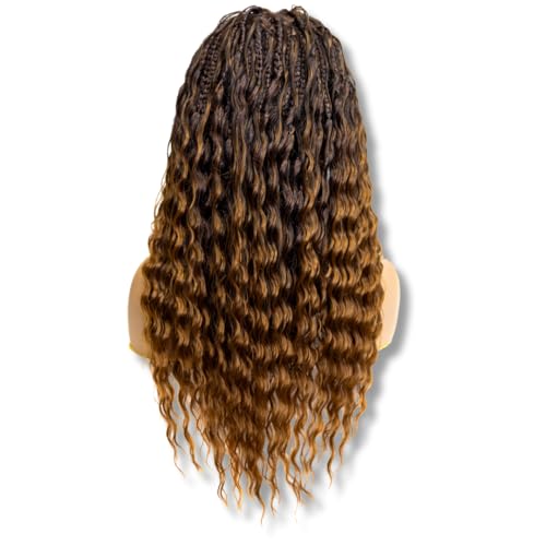 PIB Single Full Lace Braid Wig ? Micro Boho Peruvian Deep Wave Box Braided Wig, Knotless Braided Wigs for Black Women, Curly Hair Wig (#1B30 Off Black and Brown, 24")