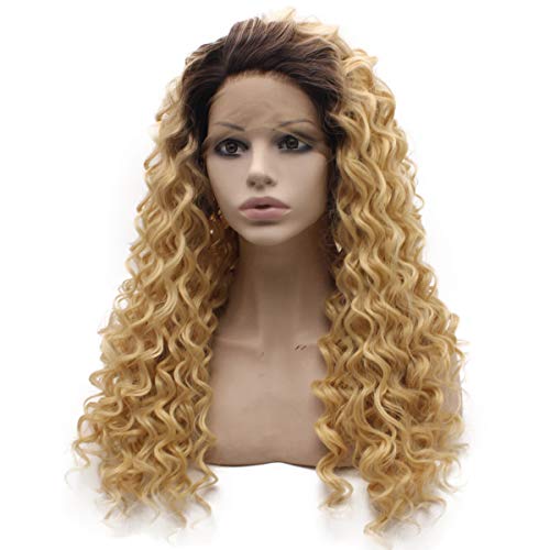 MX angel Long Dark Roots Blonde Curly Lace Front Synthetic Wig Heat Resistant Fiber Hair Natural Wig