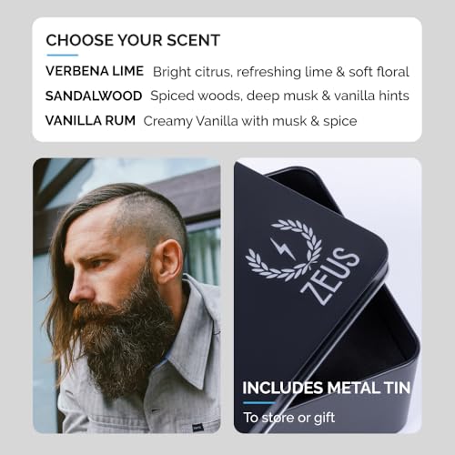 ZEUS Everyday Beard Kit for Men, Facial Hair Shampoo, Conditioner, Oil, Balm & Tin Gift Box, Premium Beard Care & Grooming Set (Made in USA) Verbena Lime