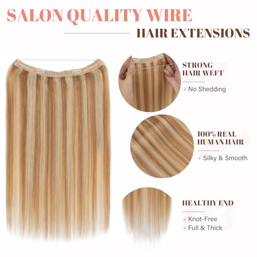 Rich Choices Halo Hair Extensions Real Human Hair Remy Hairs Halo Extension for Women Invisible Wire One Piece Clip in Hairpiece 16 Inch Straight-#12P613 Golden Brown Highlight Bleach Blonde