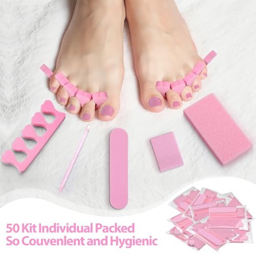 50 Sets Disposable Pedicure Kit Individually Package 5 in 1 Pedicure Tools Pumice Stone Nail File 80/100 Grit Mini Buffer Toe Separator Cuticle Pusher Clear Bag for Salon Home(Pink)
