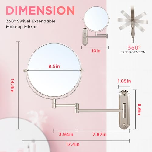 Wall Mounted Makeup Mirror, 15X/1X Double Sided Magnifying Mirror, 8.5 Inch Round, Brushed Nickel, Modern Style, Space Theme, 13" L x 11" W
