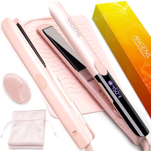 ANGENIL Pro Round Pink Dual Voltage Hair Straightener Irons, Titanium Flat Iron Hair Straightener and Curler 2 in 1 with Heat Resistant Silicone Mat, Smoothness, Large LCD Display, 20S Fast Heat Up