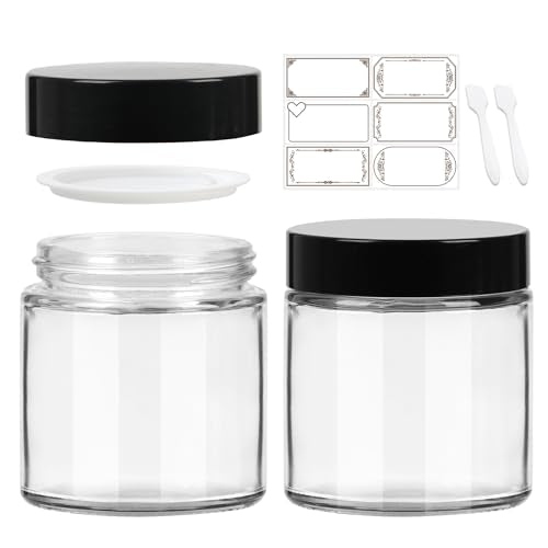 4 oz Clear Round Glass Jars, Pack of 2 with Black Lids, Cosmetics Containers for Face Cream Lotion, Powder, Candle, Spice, Body Butter