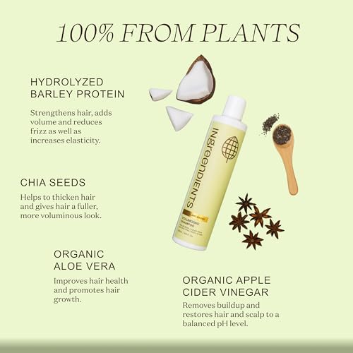 Ingreendients Non Toxic Vegan Volumizing Shampoo with Organic Ingredients For Fine Hair - Strengthening Barley Protein and Chia Seeds, Color Safe, Paraben & Gluten Free, Silicone & Sulfate Free